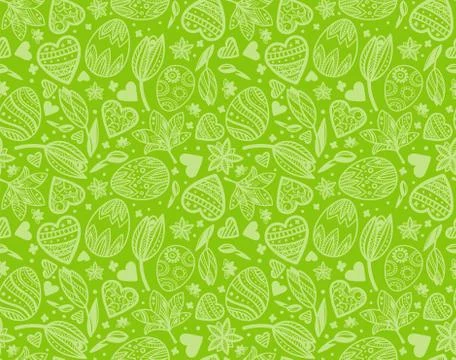 Easter egg seamless green pattern with hearts, flowers for wrapping, card, paper Stock Illustration