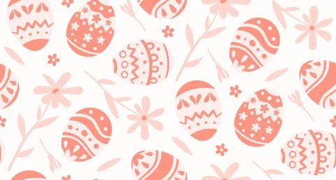 Easter egg seamless pattern. Flowers, leaves around eggs. Vector illustration. Stock Illustration