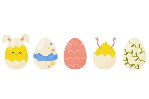Easter egg set, 5 pieces, cute. Flat vector on white background isolated. Illustrazione stock