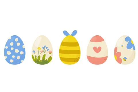 Easter egg set, 5 pieces, cute. Flat vector on white background isolated. Illustrazione stock