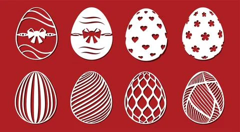 Easter egg set. Easter with simple ornament, bow for laser cutting on red Stock Illustration