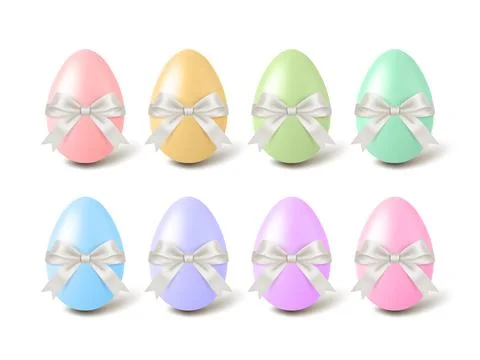 Easter Egg Set with Pastel Eggs. 3d Vector Bows and Ribbons. Easter Eggs for Stock Illustration