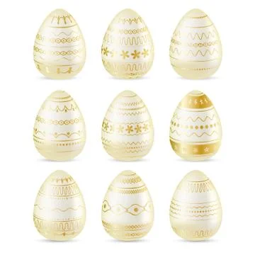 Easter egg. Set of realistic eggs with golden ornament. Easter collection. Ve Stock Illustration