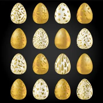 Easter egg. Set of realistic Golden and light eggs with golden ornament. East Stock Illustration