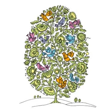 Easter egg shape decorative image. Hand drawn lace like pattern with tree and Stock Illustration