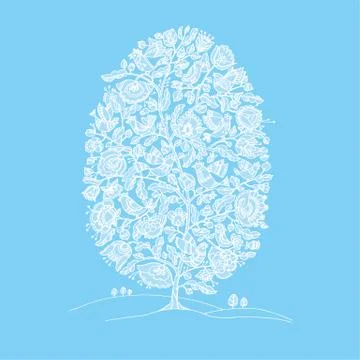 Easter egg shape decorative image. Hand drawn lace like pattern with tree and 스톡 일러스트