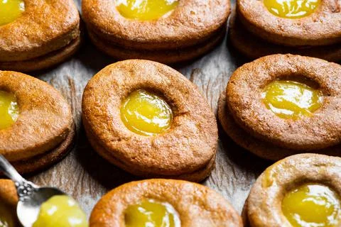 Easter egg shaped cookies pattern. Easter cookies with lemon curd. Traditiona Stock Photos