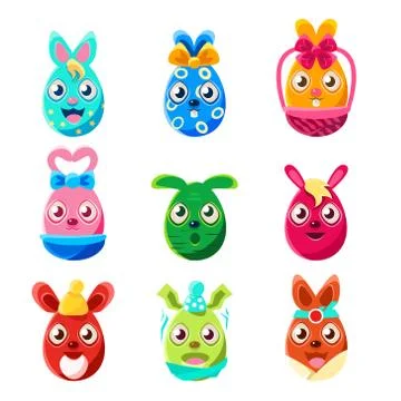 Easter Egg Shaped Easter Bunnies Colorful Girly Sticker Set Of Religious Holiday Stock Illustration