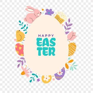 Easter egg shaped vector design with colorful holiday symbols, bunny and fl.. 스톡 일러스트