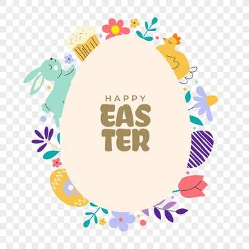 Easter egg shaped vector design with colorful holiday symbols, bunny and fl.. 스톡 일러스트