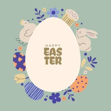Easter egg shaped vector design with colorful holiday symbols, bunny and fl.. Иллюстрация
