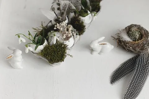 Easter egg shells with blooming snowdrops, bunny figurines, feathers, nest .. Stock Photos