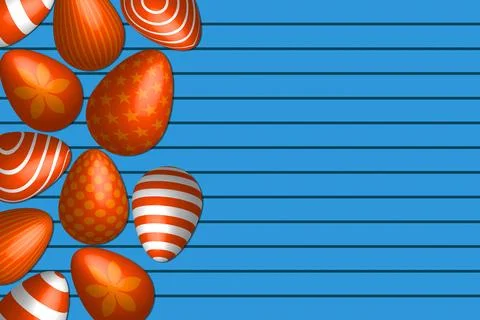 Easter egg side border against a blue wooden background 스톡 일러스트