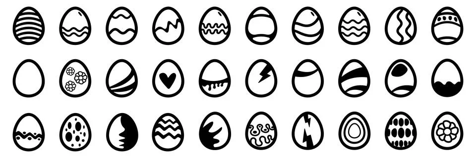 Easter egg silhouette sticker set with various patterns. Collection of 30 black 스톡 일러스트