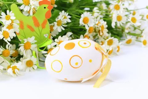 Easter egg on spring background daisy with blurred focus Stock Photos