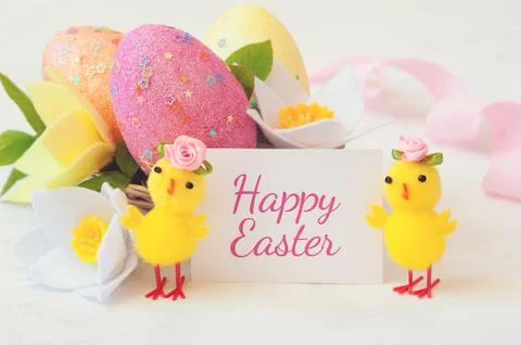 Easter egg, spring flowers and chickens on a white background and the Stock Photos