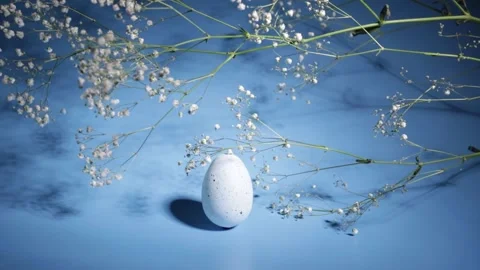 Easter egg with spring flowers, blue backdrop, festive decoration Stock Footage 262145490