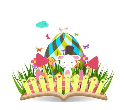 Easter egg spring with grass and flowering in the book Stock Illustration