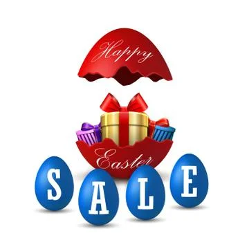 Easter egg text sale. Broken Easter egg, gift box 3D template isolated on whi Stock Illustration