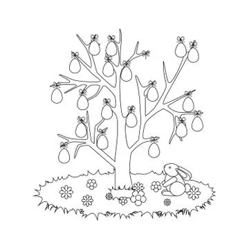 Easter Egg Tree Rabbit outline Stock Illustration