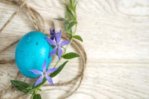 Easter egg, twine and periwinkle on a wooden surface. easter spring flowers.. Stock Photos