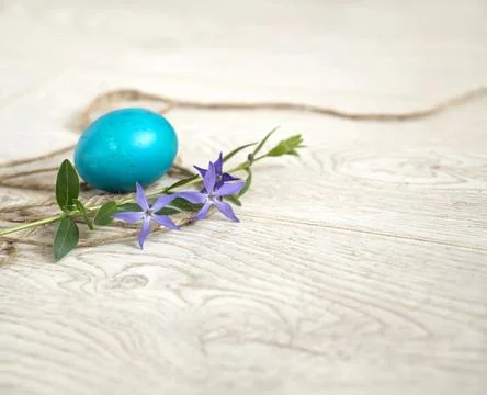 Easter egg, twine and periwinkle on a wooden surface. easter spring flowers.. Foto stock