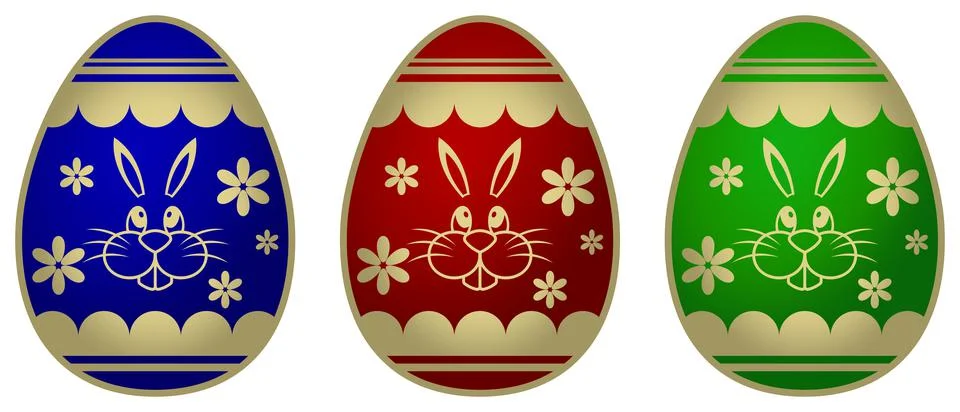 Easter Egg vector set. Gold Framed eggs. Different colors. White isolated back. Stock Illustration