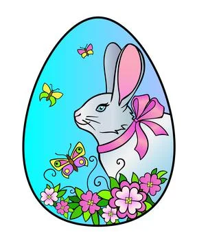 Easter egg on which a rabbit, flowers and butterflies are drawn - vector 스톡 일러스트
