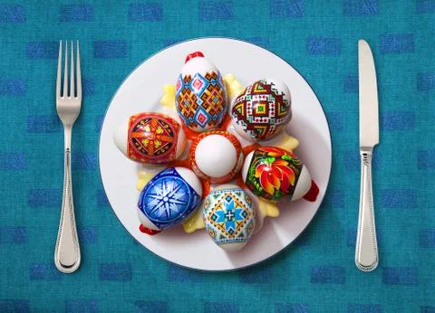 Easter egg on white plate Stock Photos