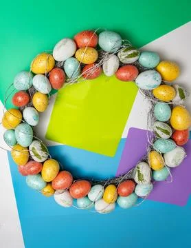 Easter egg wreath for banner template. Easter wreath eggs rustic twig decorative Stock Photos