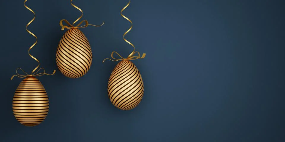 Easter eggs. 3d illustration of eggs in golden color with a pattern on a blue Stock Illustration