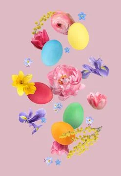 Easter eggs and beautiful spring flowers flying on pink background Stock Photos