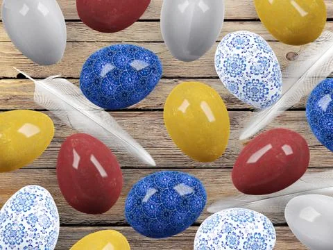 Easter eggs and bird feathers on wood background Stock Illustration
