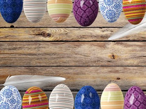 Easter eggs and bird feathers on wood background with space Stock Illustration