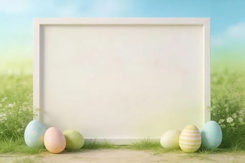 Easter eggs and blank frame in a sunny spring meadow with soft blue sky Stock Photos