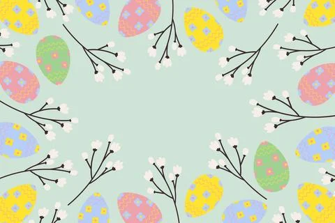 Easter Eggs and blooming sprigs Rectangular Frame border Minimalistic flat Illustrazione stock