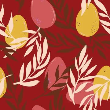 Easter eggs and branches hand drawn vector seamless pattern Retro style.Red b Illustrazione stock