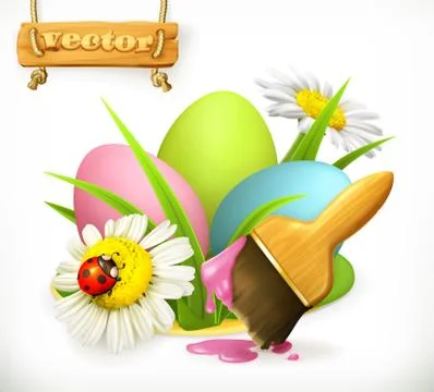 Easter eggs and brush with paint. 3d vector icon Stock Illustration