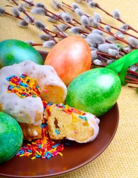 Easter eggs and cake. Stock Photos