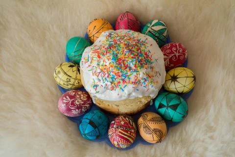 Easter eggs and cake Stock Photos