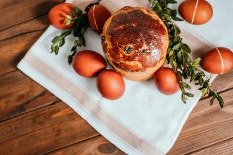 Easter eggs and cake Stock Photos