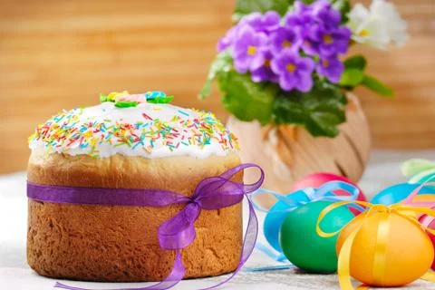 Easter eggs and cake Stock Photos
