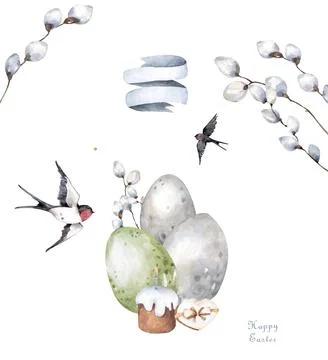 Easter eggs and cake with willow, sparrow isolated on white background. Happy Stock Illustration