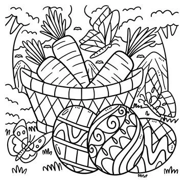 Easter Eggs And Carrots Coloring Page for Kids Stock Illustration