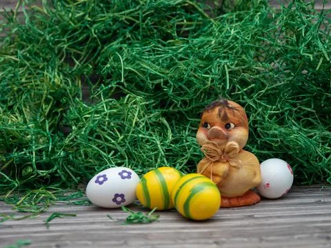 Easter eggs and chicken. Easter card with copy space for text. Stock Photos