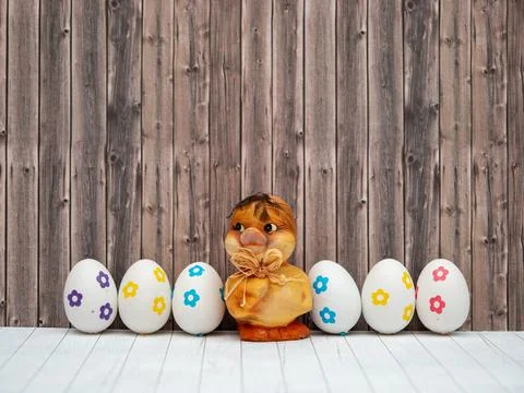 Easter eggs and chicken. Easter card with copy space for text. Stock Photos