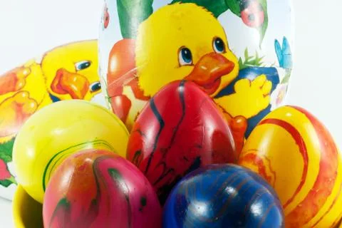 Easter eggs and chicken Stock Photos