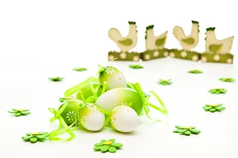 Easter eggs and chicken Stock Photos