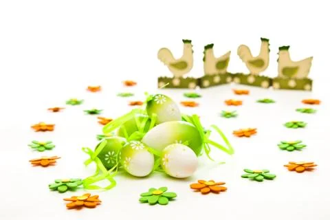 Easter eggs and chicken Stock Photos