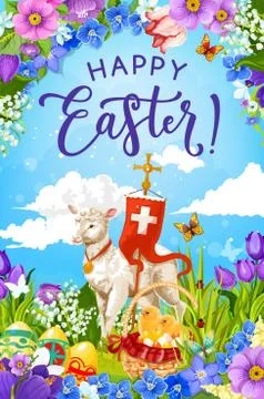 Easter eggs and chicks in basket with lamb of God Stock Illustration